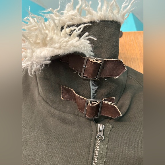 Aeropostale jacket 87 Moto jacket olive green Sherpa faux fur size Small zipper - Picture 12 of 16